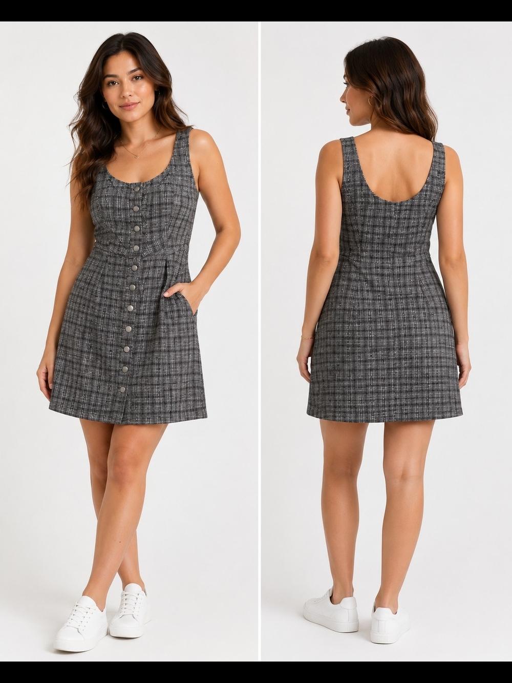 American Eagle Outfitters Grey Plaid Button-Front Mini Dress